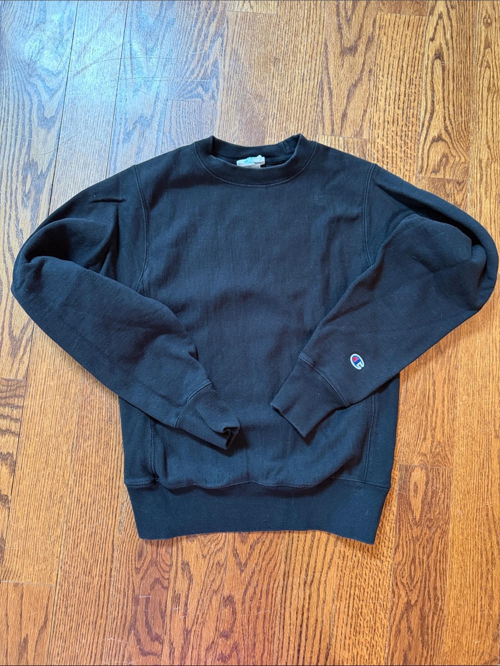 Champion reverse weave Black Crewneck Sweatshirt with Sleeve Logo